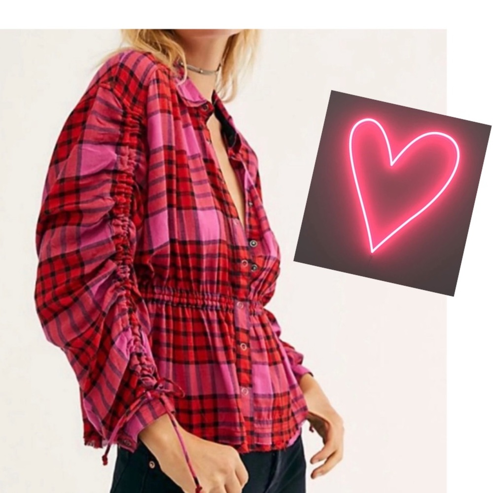 FREE PEOPLE | pacific dawn pink plaid cinched waist top small NWT